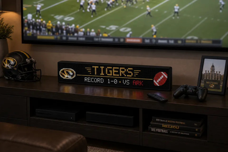 LumaGlow Scroll sports scoreboard on a media console