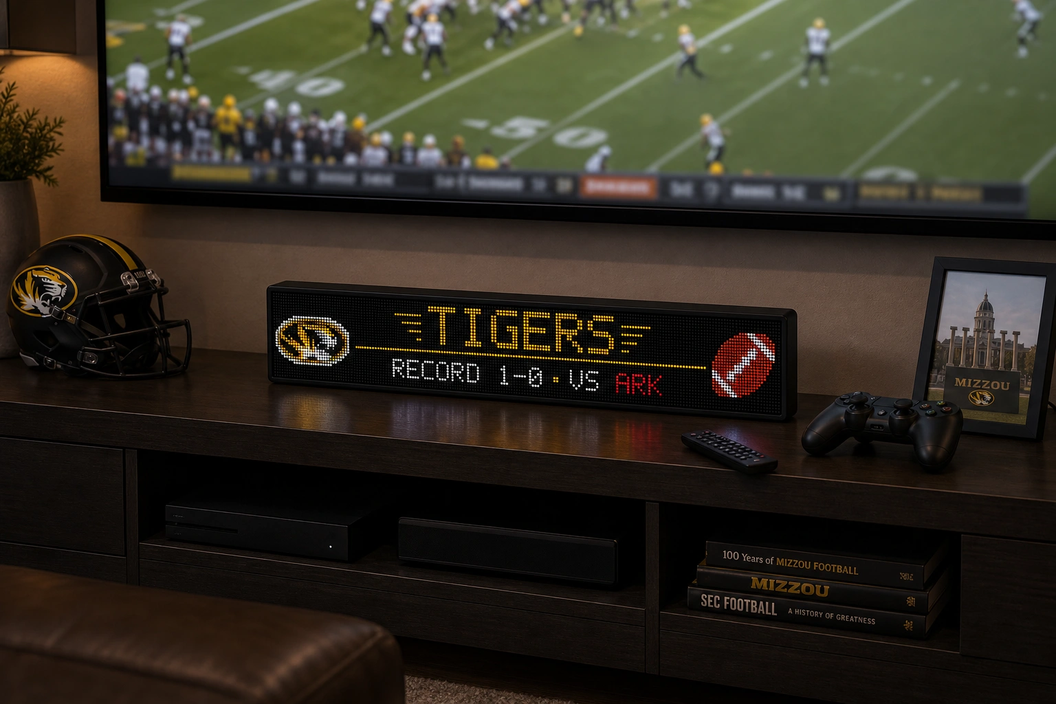 LumaGlow Scroll sports scoreboard in a game room