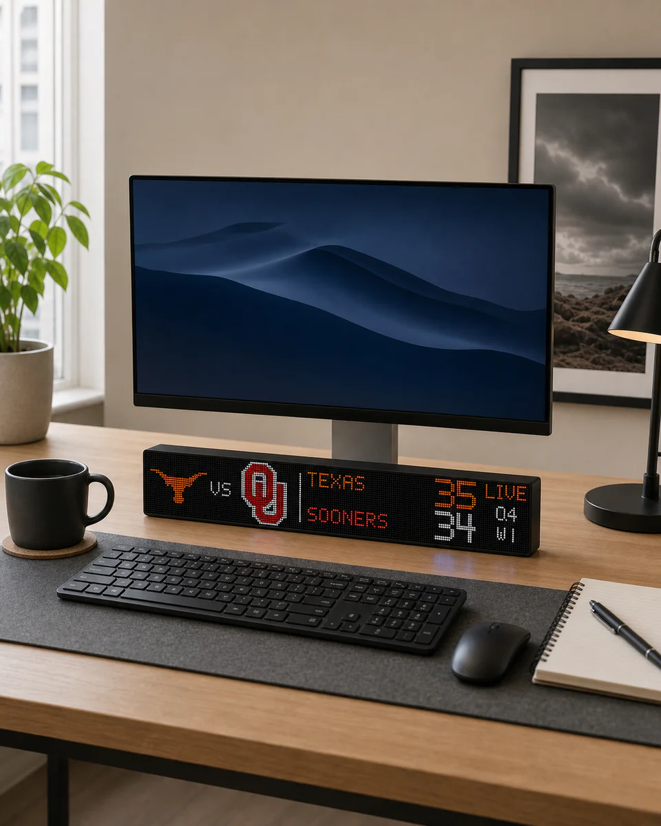 LumaGlow Scroll live sports scoreboard display on a modern desk beneath a monitor