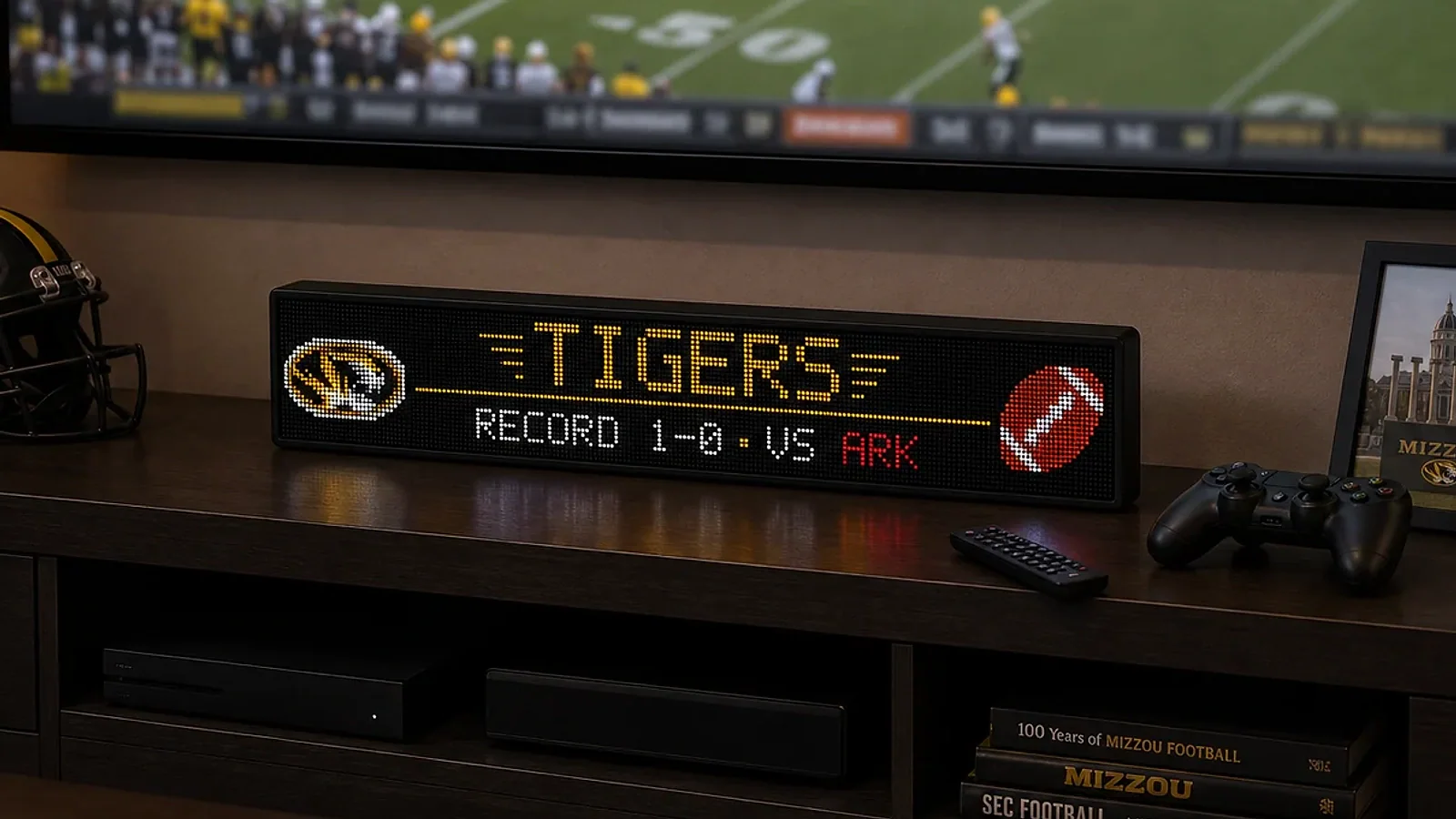 LumaGlow Scroll football display on a media console under a TV