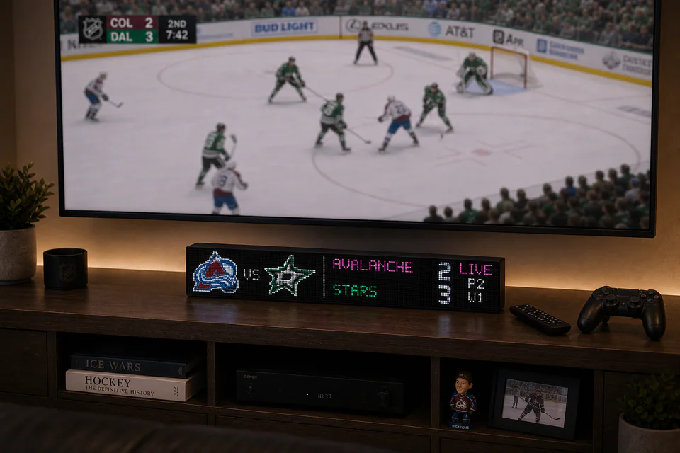 LumaGlow Scroll sports scoreboard display on a media console
