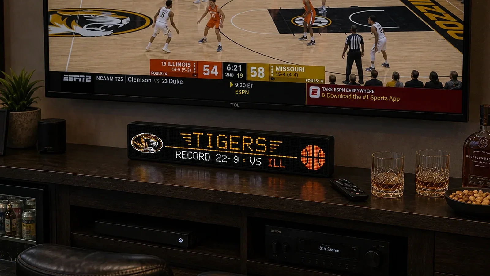 LumaGlow Scroll Tigers basketball scoreboard in a basement bar