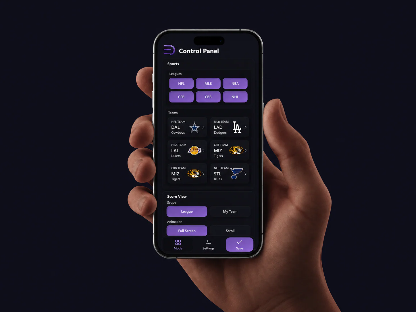 LumaGlow Scroll mobile control panel shown on a phone held in hand
