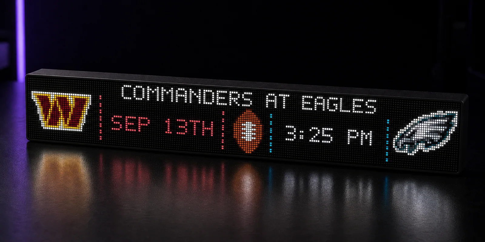 LumaGlow Scroll NFL score banner display showing Commanders at Eagles