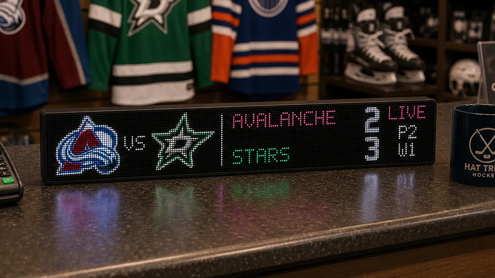 LumaGlow Scroll hockey score display on a retail counter