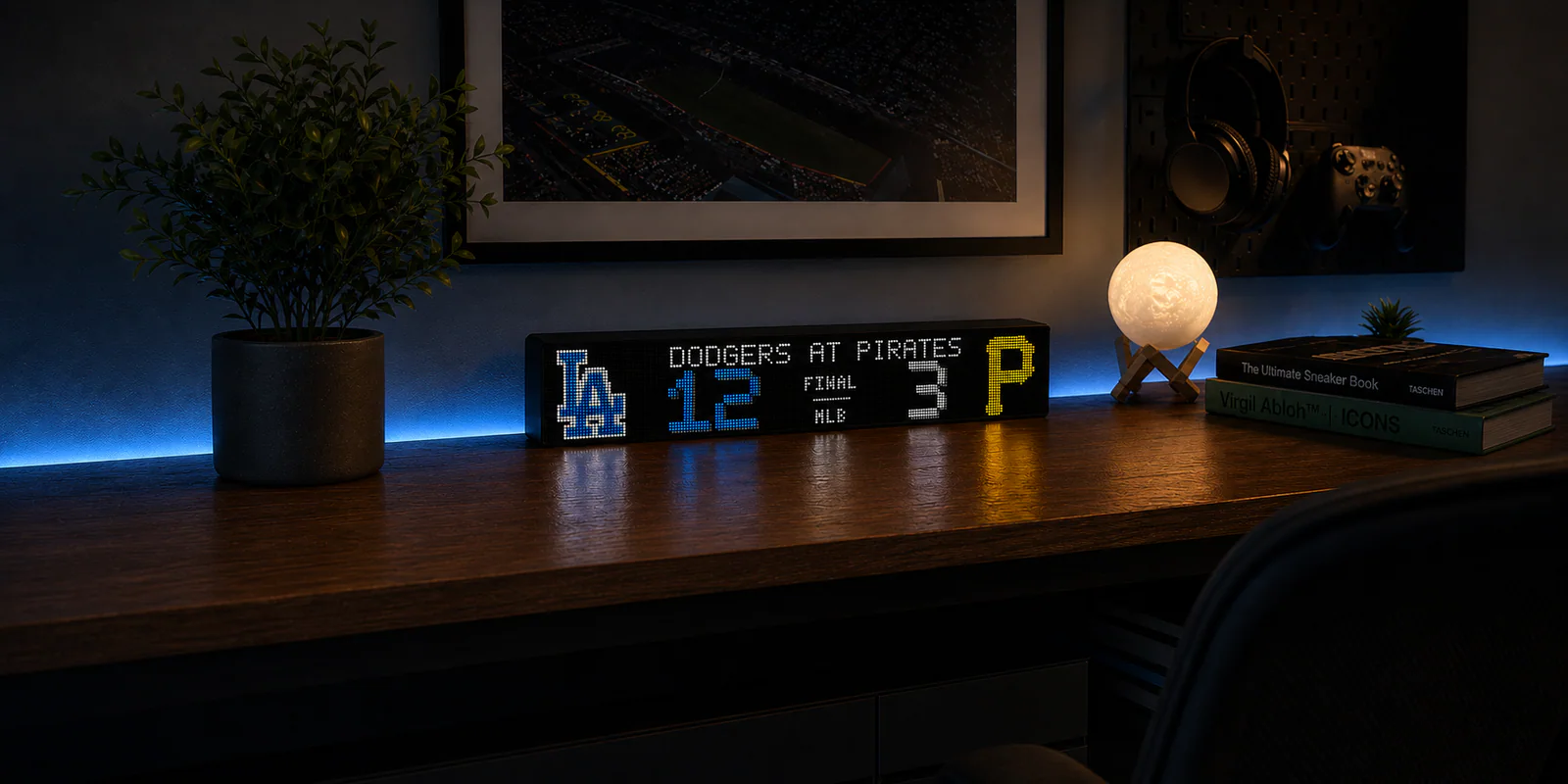 LumaGlow Scroll wide scoreboard display on a desk