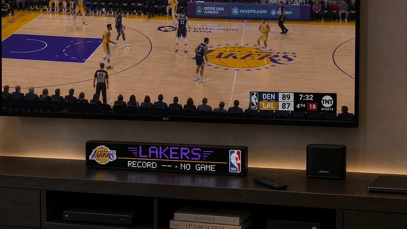 LumaGlow Scroll Lakers record display in a modern den