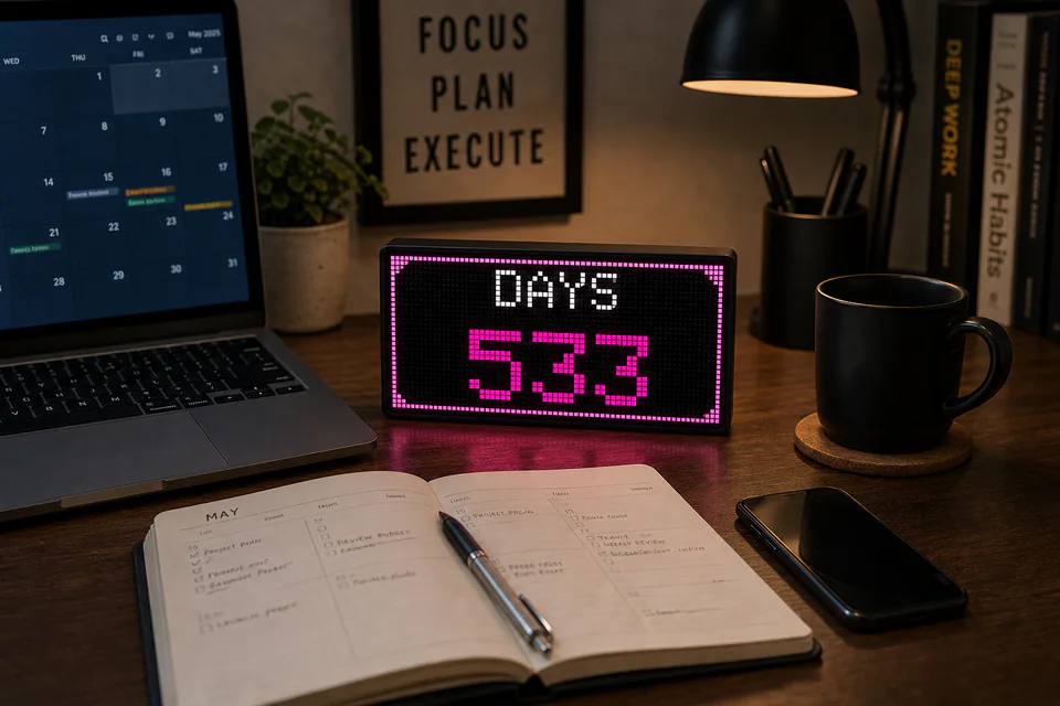 LumaGlow Edge desk LED display used as a planning and countdown display