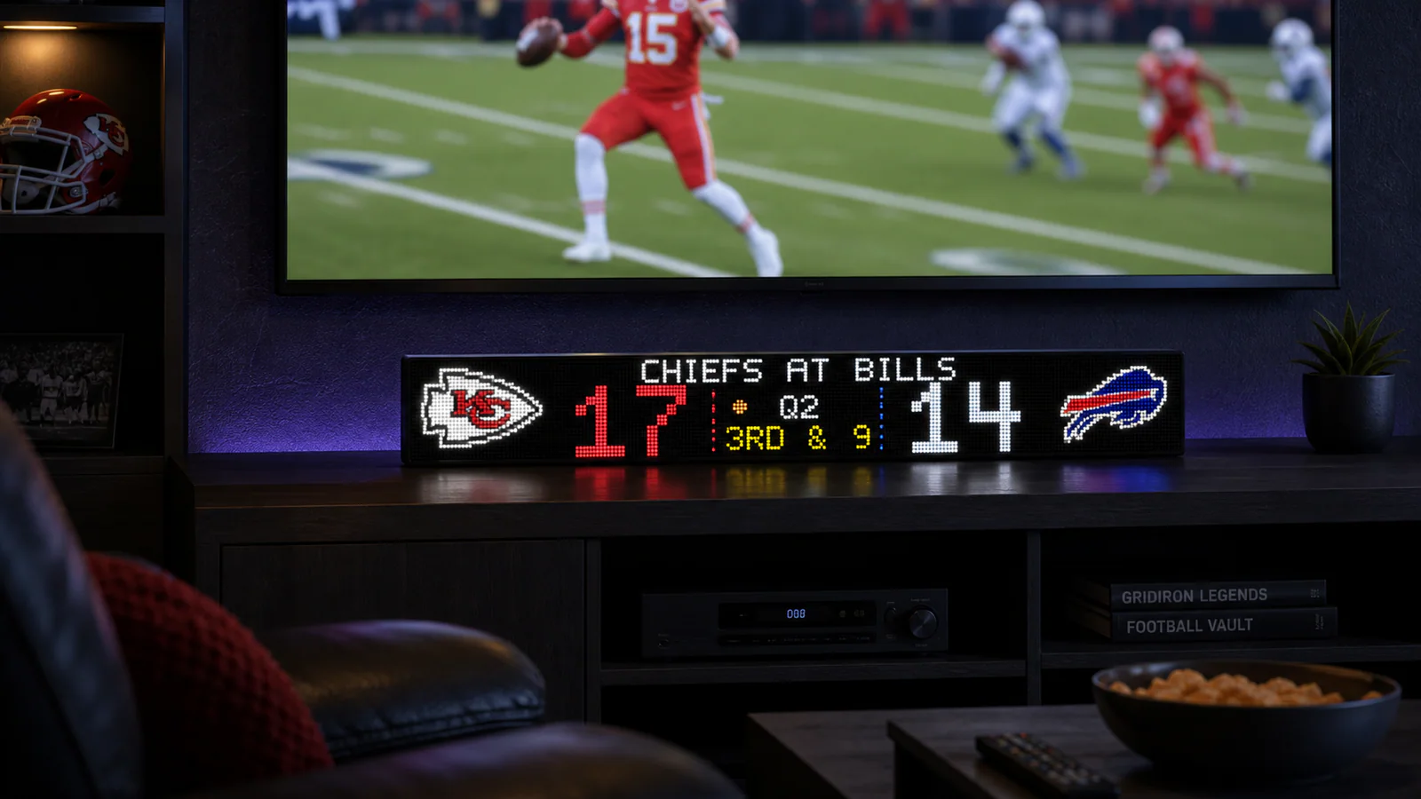 LumaGlow Scroll sports display glowing under a TV during a football game