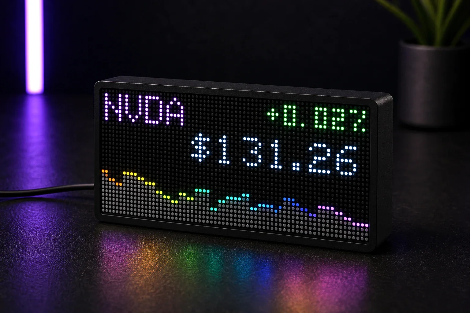 LumaGlow Edge smart LED display showing a market price glance