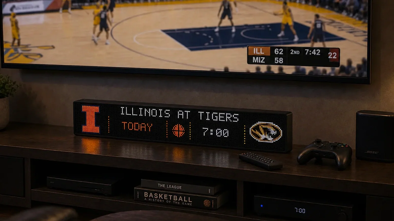 LumaGlow Scroll basketball matchup display on a media console
