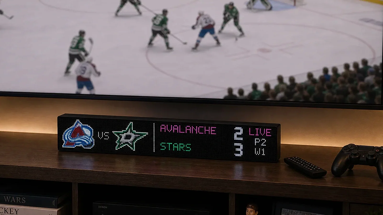 LumaGlow Scroll live hockey score display on a media console
