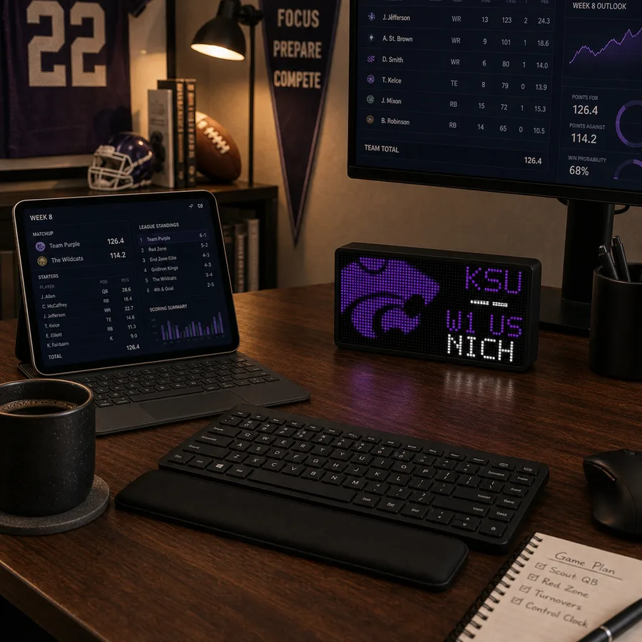 LumaGlow Edge Buffalo sports scoreboard display on an office desk