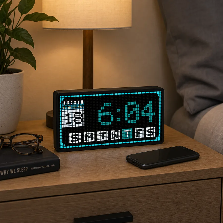 LumaGlow Edge calendar and clock display on a nightstand