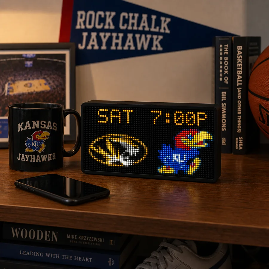LumaGlow Edge college basketball scores display on a fan shelf