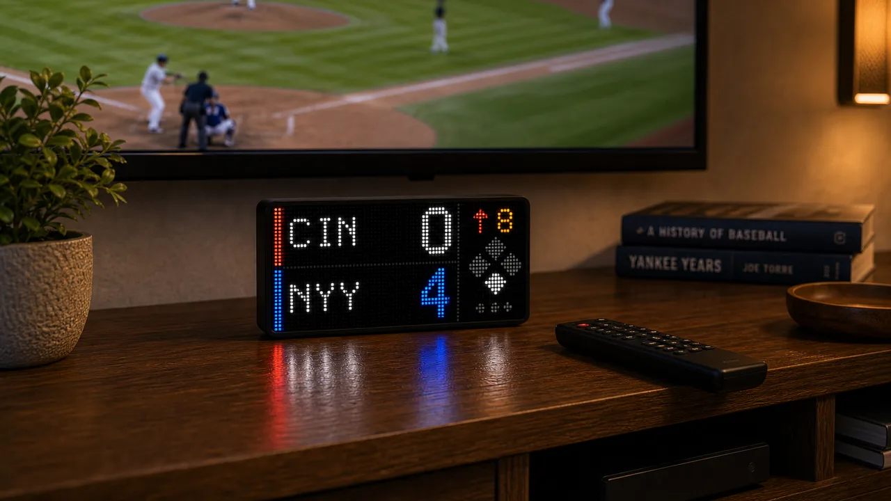 LumaGlow Edge baseball scoreboard display on a media console