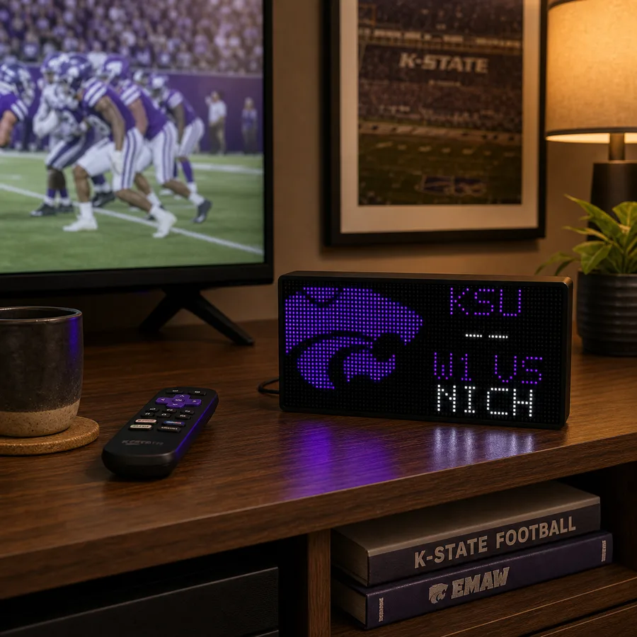 LumaGlow Edge Purple Bison scoreboard display on a media console
